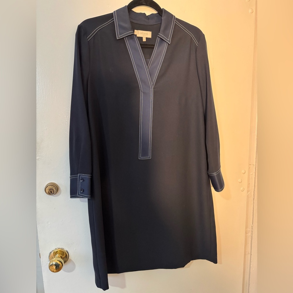 Hobbs London Tora Satin Trim Navy Blue Dress